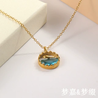 欧美个性小众设计爆款项坠不锈钢镀18K金蓝色海洋鲸鱼吊坠项链女