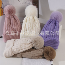 帽子女冬季新款百搭麻花外贸针织帽纯色保暖毛球毛线帽加绒保暖帽