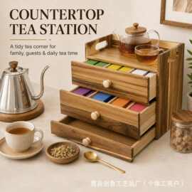 木质茶包收纳盒多层茶具底座家用茶叶包储物盒桌面存储带抽屉茶盒