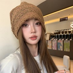 韩系复古咖色镂空针织堆堆帽女薄款透气显脸小冷帽大头围包头帽子