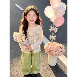 2026新款女童中大童罩衫背心夏季防晒套装小清新格子阔腿裤三件套