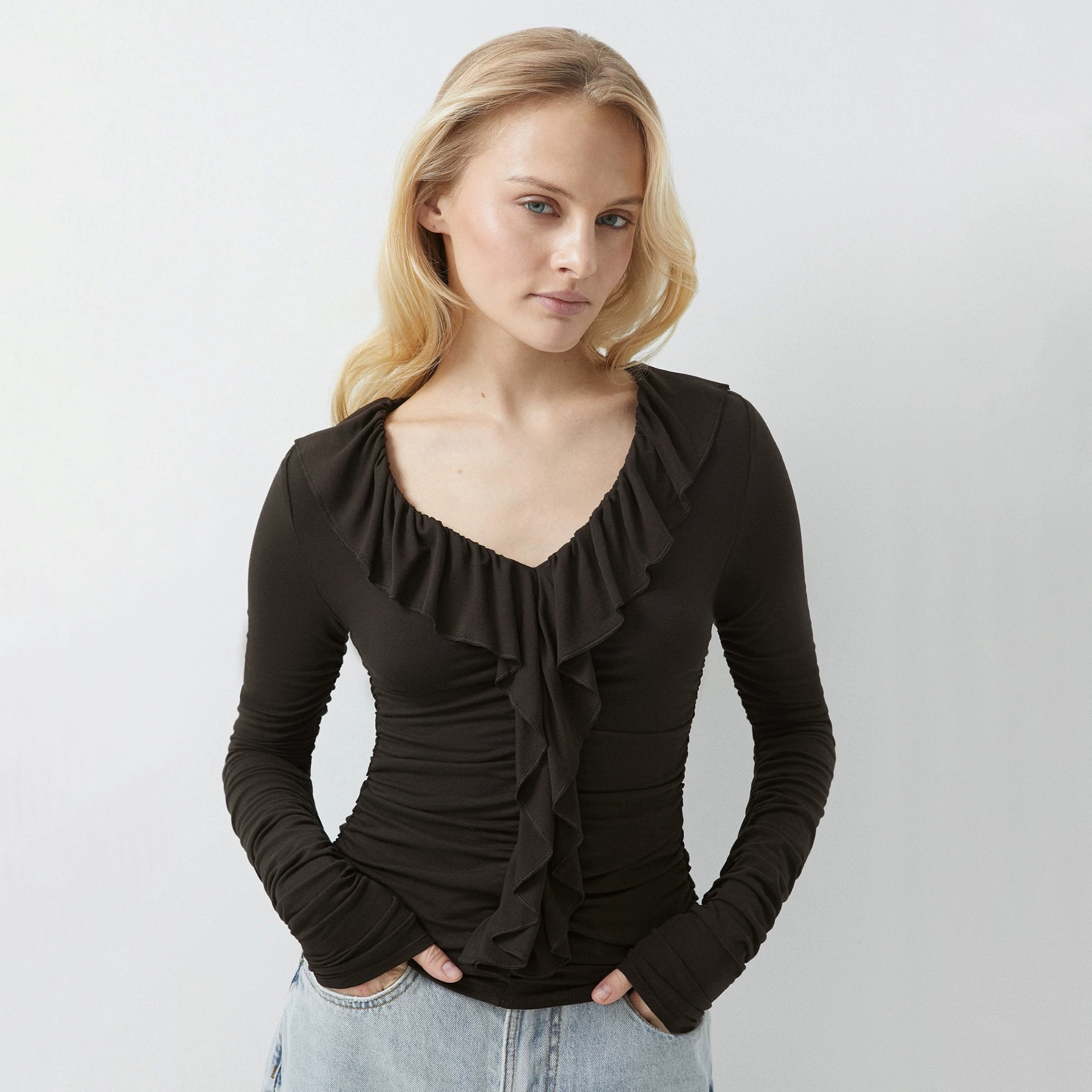 Shiffon design spring three dimensional long-sleeve, V-neckline