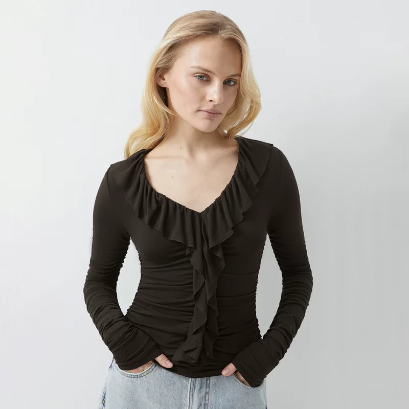 Shiffon design spring three dimensional long-sleeve, V-neckline
