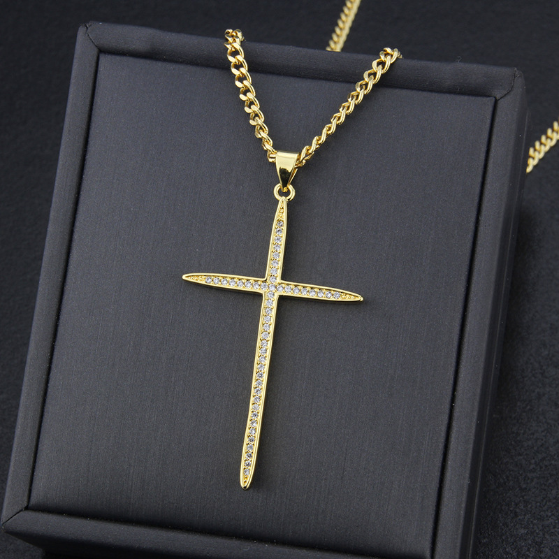 American inlaid zirconium large cross copper gold-plated necklace