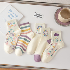 Socks for Women Autumn/Winter Cartoon Smiling Combed Cotton Mid-Calf Socks College Style Korean Version INS Lady Student Sports Socks
