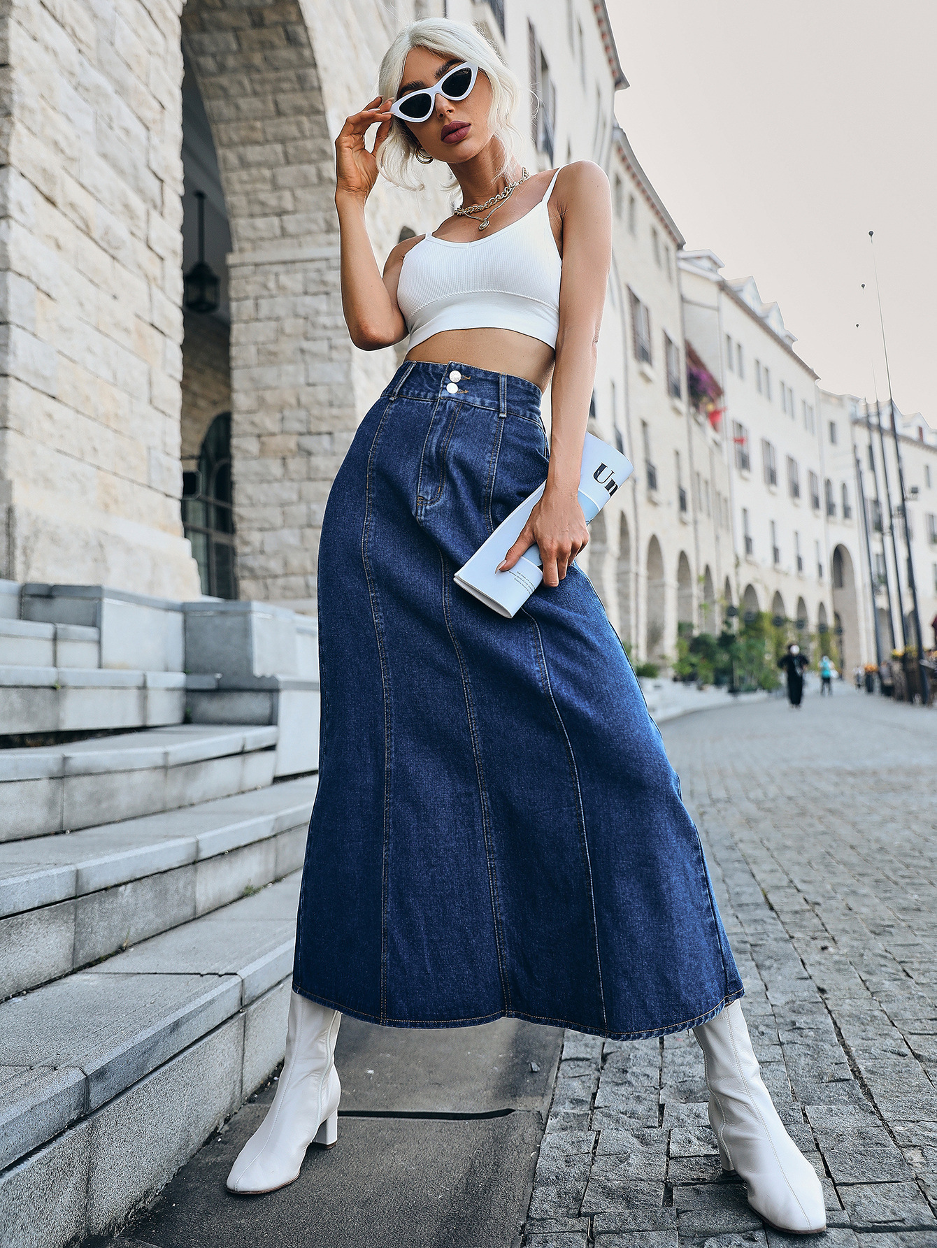 A-Line High Waist Loose Mid-Length Denim Skirt NSJM105169