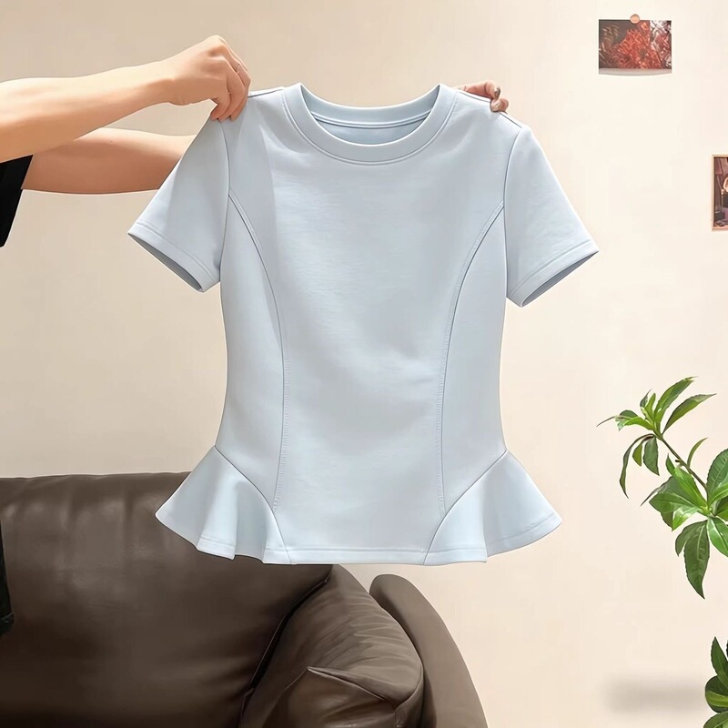 2026 New Plus-Size Summer Fashion T-Shirt with Slimming Ruffle Hem and Short Sleeves, Loose Design 2026 New Plus-Size Summer Fashion T-Shirt with Slimming Ruffle Hem and Short Sleeves, Loose Design