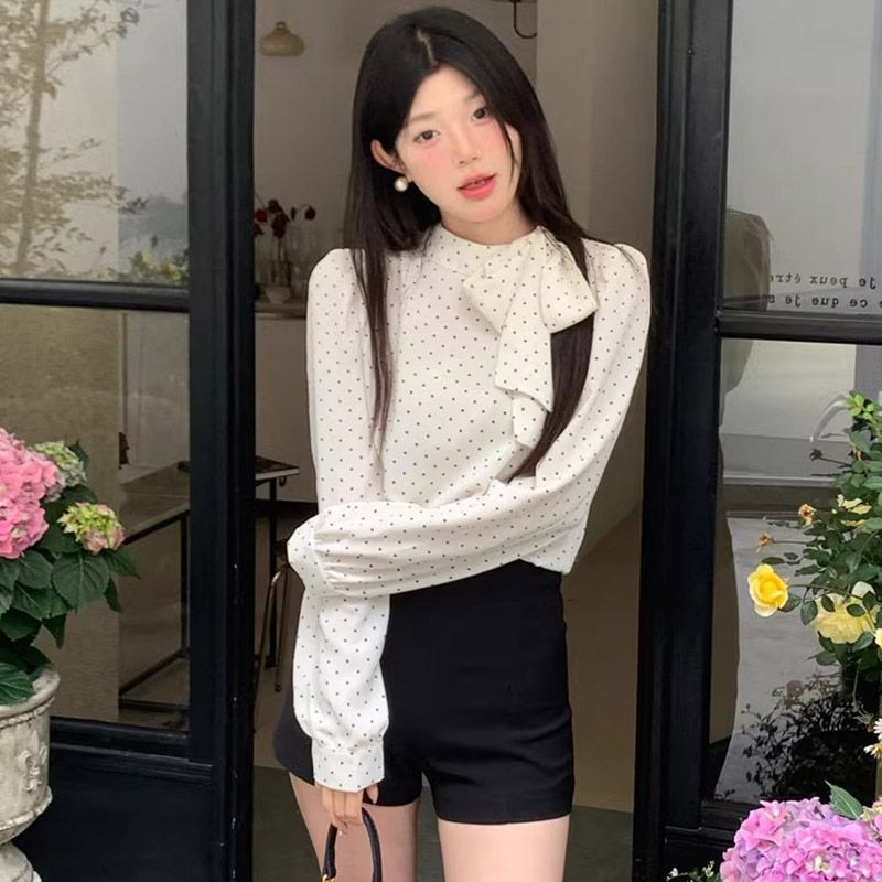 Cross-border French Sweet Bow Tie Polo Dot Shirt Women's Spring and Autumn Design Sense Loose Shirt Sleeve Elegant Top