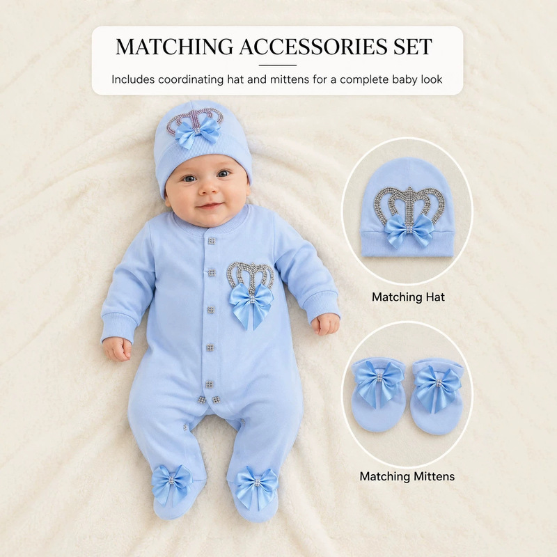 Gentle Light Blue Newborn Gift Set with Multiple Satin Bows and Rhinestone Crown Baby Outing Outfit