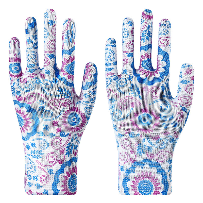 흰색과 파란색 꽃무늬 장갑