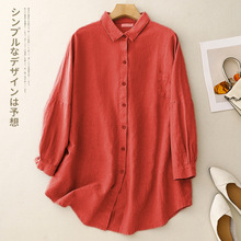 2025春夏新款棉麻开衫文艺休闲上衣长袖翻领衬衫中长款外搭衫女潮
