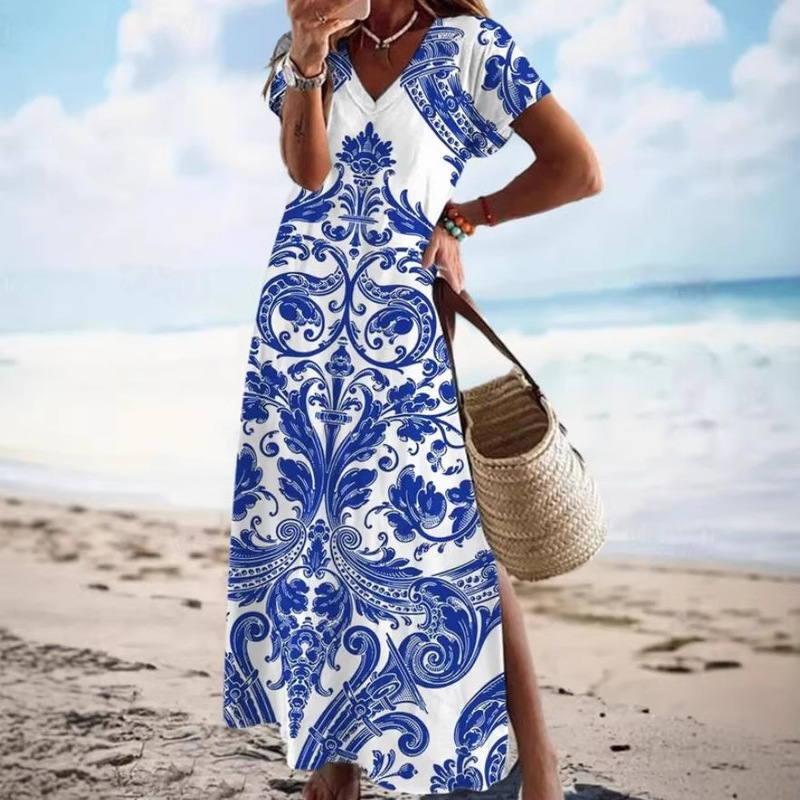 Summer Maxi Dress Casual V Neck Long Sleeve Bohemian Peacock Print Floral Long Dress