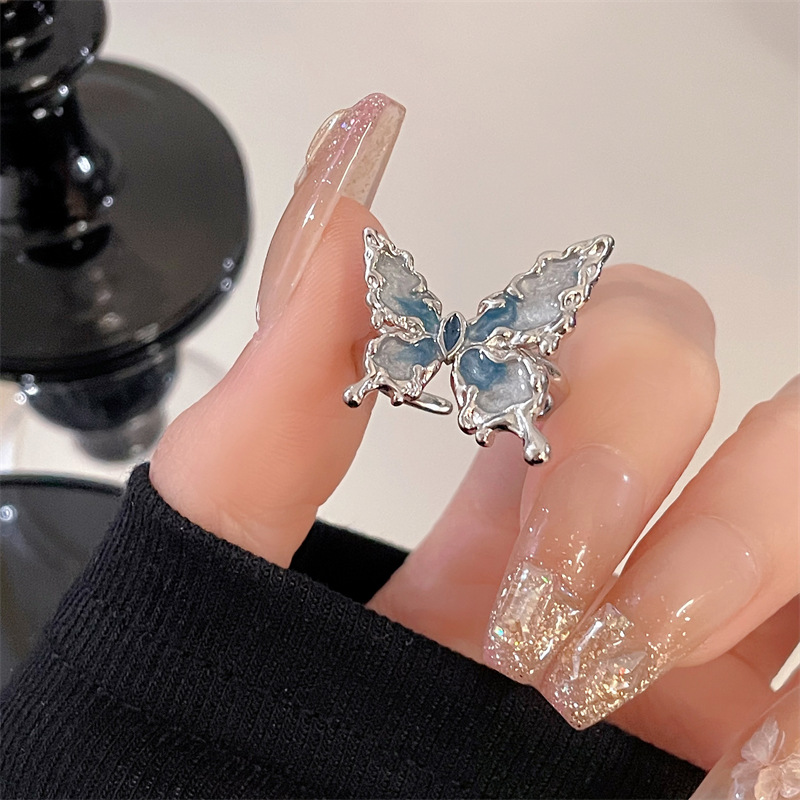 1 Piece Quantity Copper Enamel Oval Butterfly Zircon Open Rings