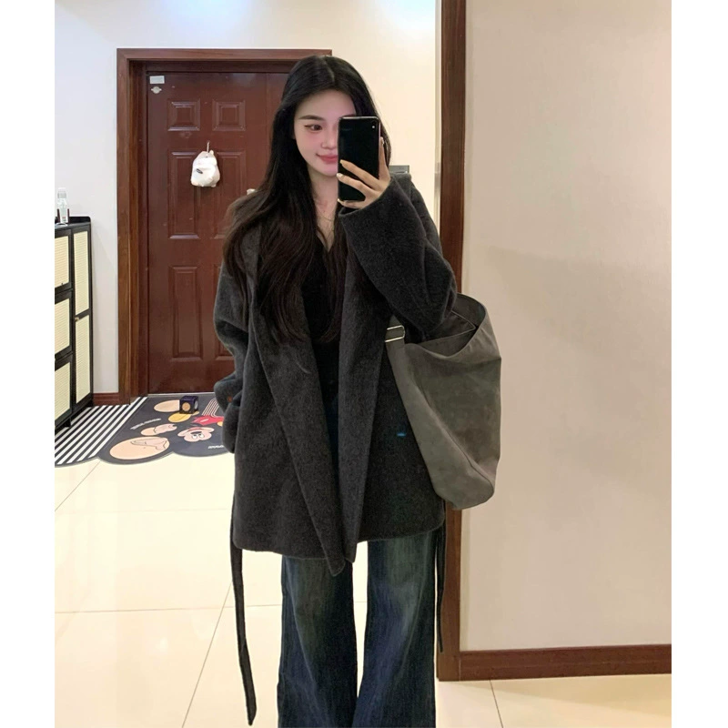 Серая шерстяное пальто женский 2025 новый осенне-зимний премиал шерстяное пальто