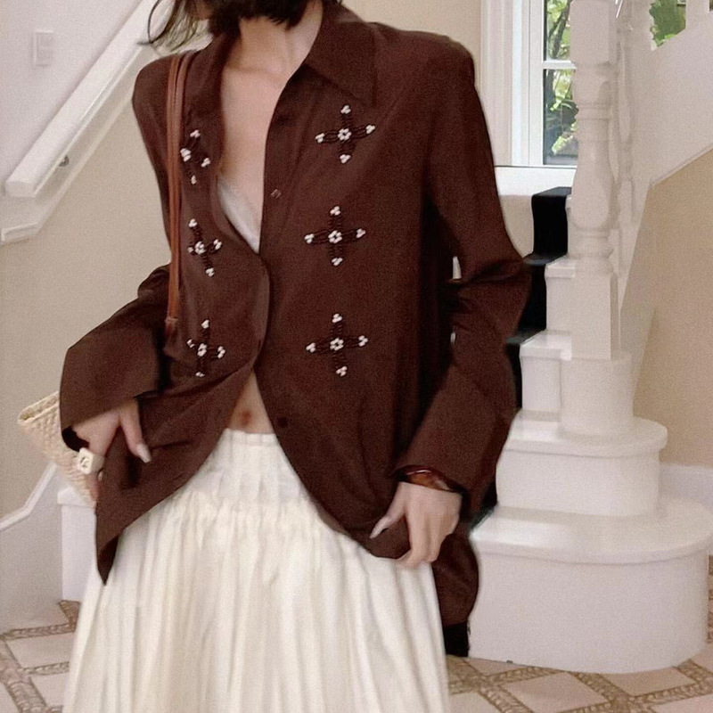 Cross-Border Women's Clothing 2025 Autumn and Winter New American Retro Hand-Sewn Beads Commuter Style Shirt for Women