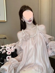立体花朵珍珠挂脖露肩仙女漂亮超好看衬衫2025法式复古设计感衬衣