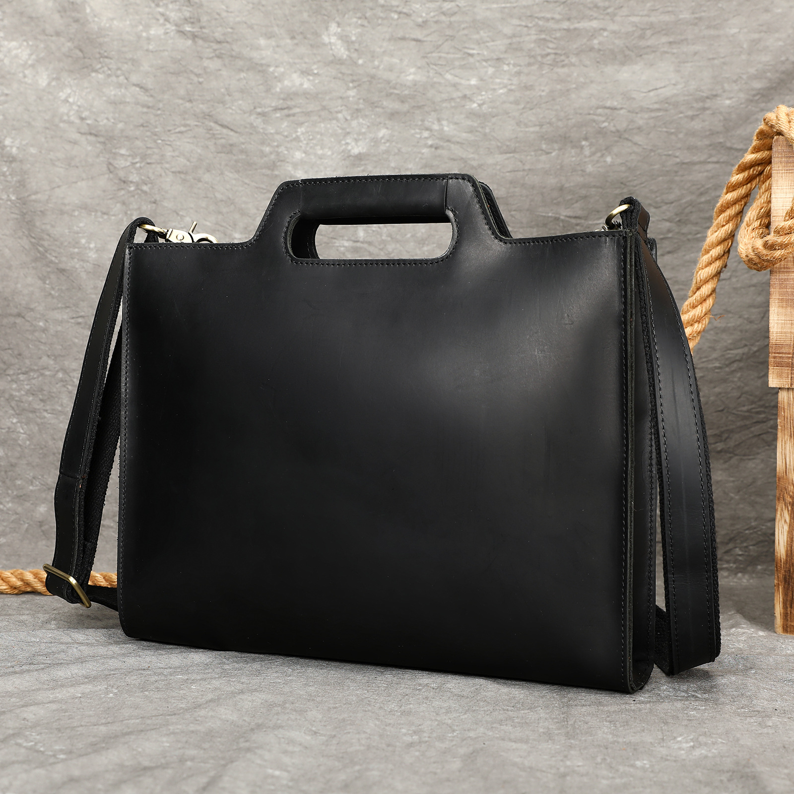 Retro-Aktentasche aus echtem Leder für Herren, hochwertige Business-Tasche mit 10-Zoll-Tabletfach, Crazy Horse Leder, Schwarz/Braun_voghion.com