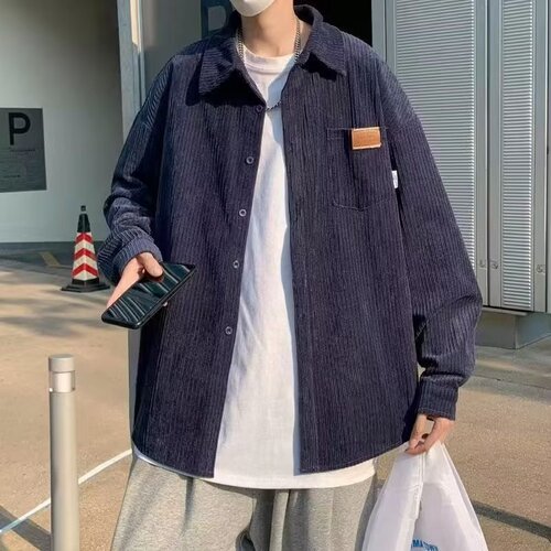 Men's Spring and Autumn Long Sleeve Flannel Shirt, American Retro Casual Collar Shirt, Hong Kong Style Loose Trend Brand Student Jacket