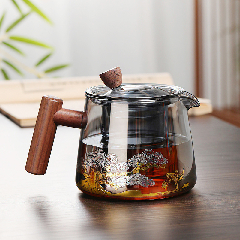 Glass teapot high temperature resistant glass teapot glass tea set teapot suit borosilicate smoky gray wood Glass teapot high temperature resistant glass teapot glass tea set teapot suit borosilicate smoky gray wood