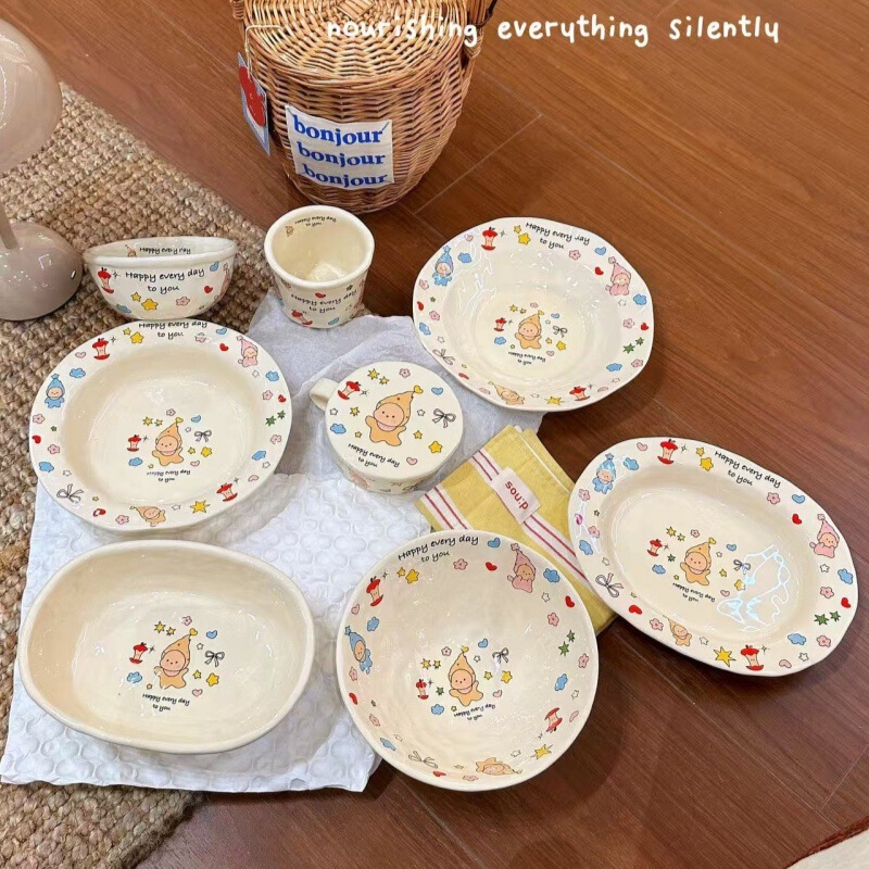 Cute Cartoon Star Series Ceramic Bowl and Plate Tableware Set for Home Use, Large Capacity Soup Bowl, Beautiful Children's Rice Bowl