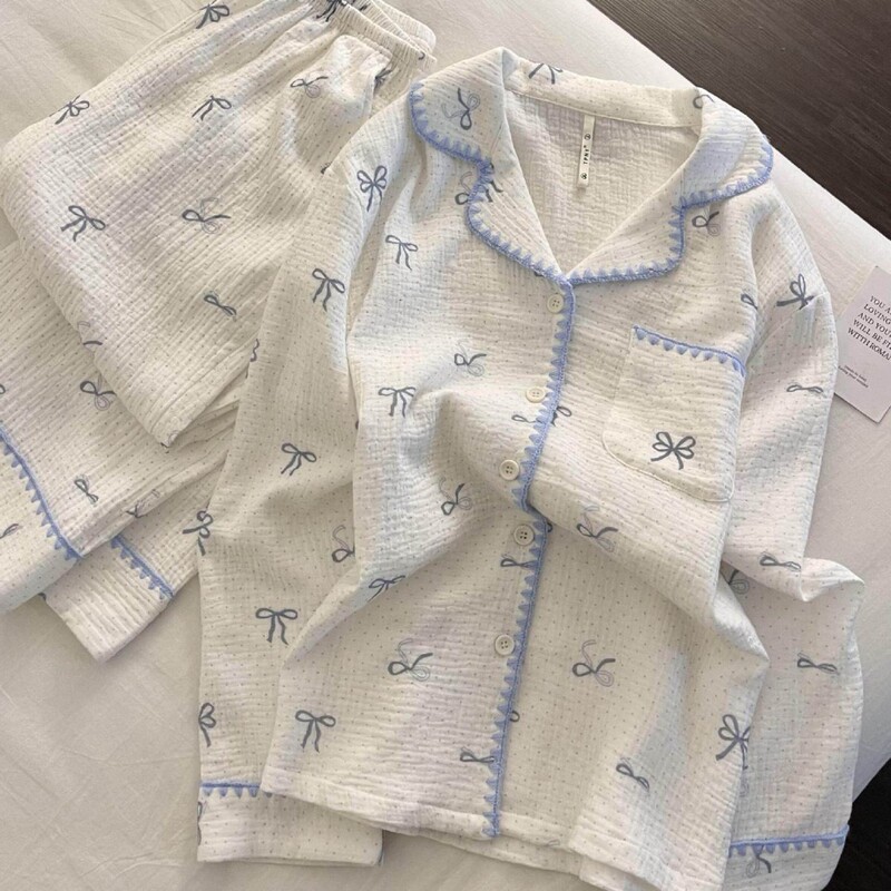White and Blue Bowknot Girl's Pajamas, Spring and Autumn Cardigan with Contrasting Edges, Double-Length Two-Piece Set, Student Dormitory Loungewear White and Blue Bowknot Girl's Pajamas, Spring and Autumn Cardigan with Contrasting Edges, Double-Length Two-Piece Set, Student Dormitory Loungewear