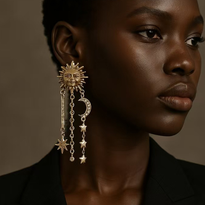 ZA personalidad transfronteriza exagerada sol luna estrellas pendientes de bordillo geometría cosmológica creativa planetas pendientes de mujer
