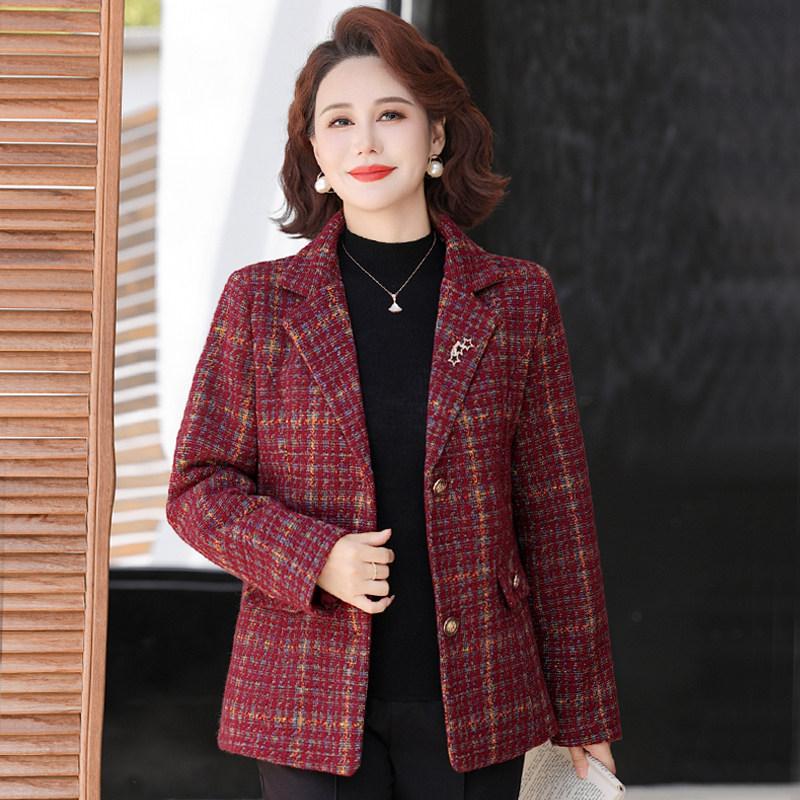 中年妈妈秋装翻领西装洋气毛呢外套2026新款中老年女春秋高贵上衣
