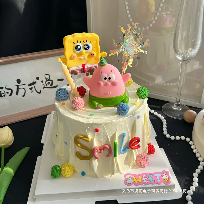 [网红海绵宝宝派大星蛋糕装饰摆件儿童男孩女孩生日甜品台烘焙插牌]