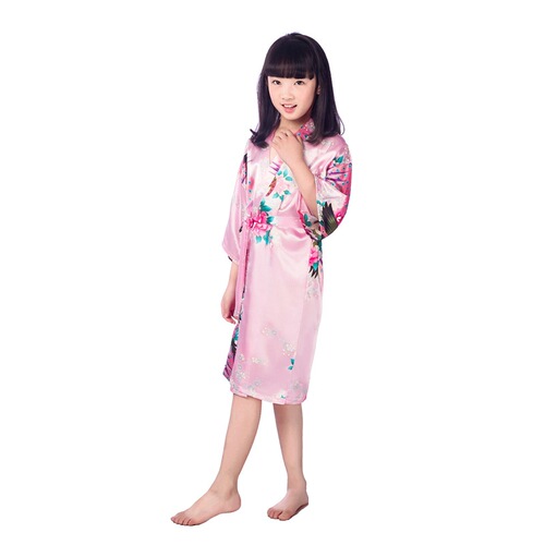 Cross-border girl floral peacock and peony long sleepwear bathrobe summer thin imitation silk children home open sweater robe