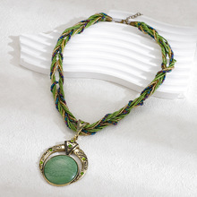 欧美时尚波西米亚手工编织项链 民族风复古镂空圆形吊坠毛衣链