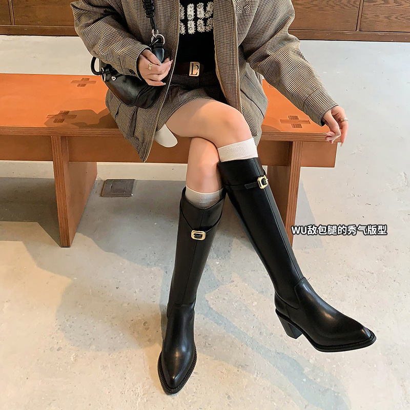 Comic long legs! Maillard Pointed Thick Heel Petit Full Leather High Heel High Boots Slant Knight Boots