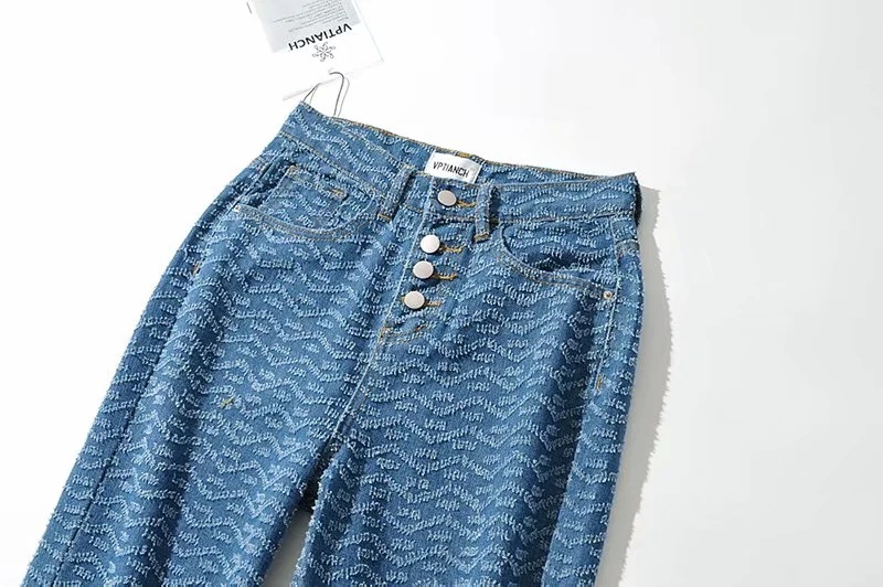 High waist loose wavy pattern leg split straight leg denim pants  NSAC52933