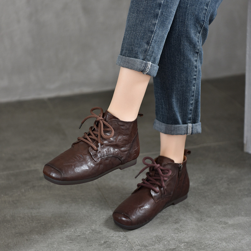 Hand-Grabbed First-Layer Cowhide Short Boots Lace-Up Boots for Women 2025 Autum New Genuine Leather Square Toe Soft-Soled Boots for Women