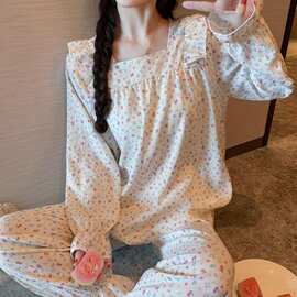 甜美花边碎花方领睡衣女款春秋长袖带胸垫云朵棉公主风家居服套装