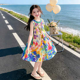 女童背心连衣裙夏季2026新款儿童无袖裙子夏装女孩油画沙滩裙洋气
