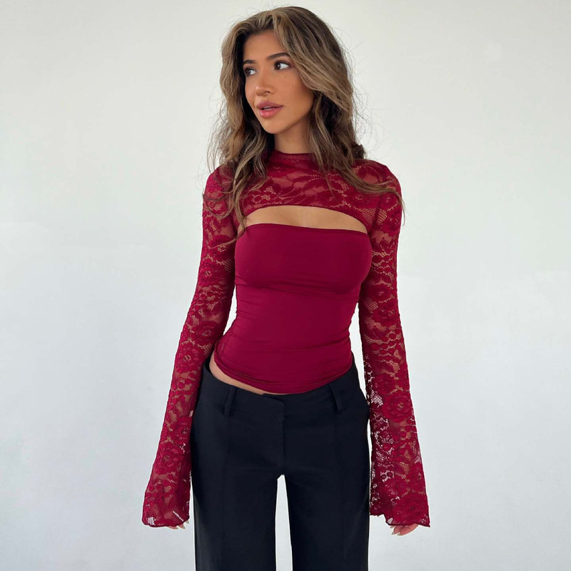 New Foreign Trade Women's Lace T-Shirt Versatile Top for Women, Sexy Slimming Hollow Design with a High-End Feel for Layering