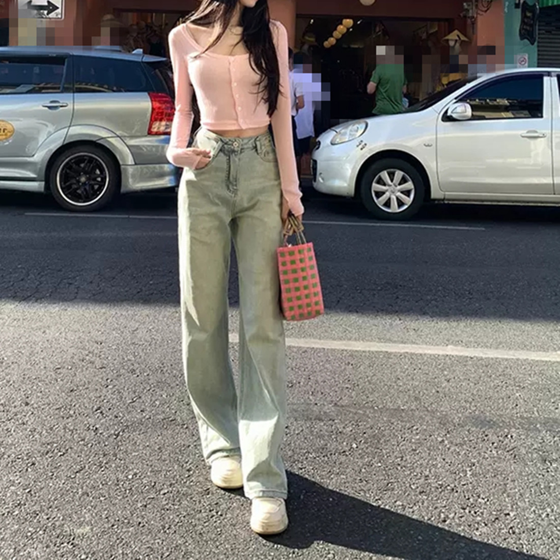 Spring green blue denim trousers for leisure