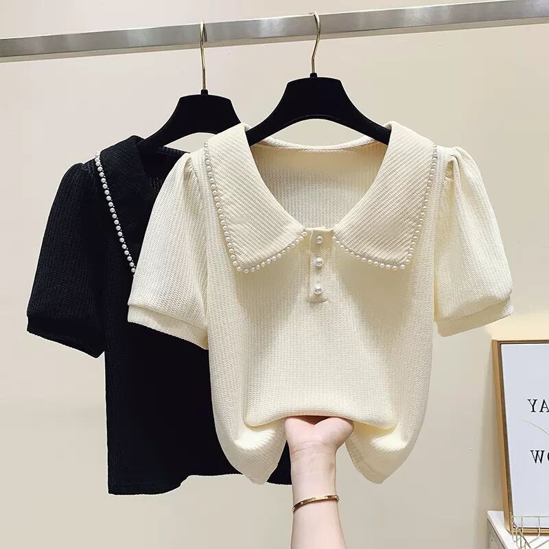 Short-Sleeved T-Shirt for Women Summer 2023 New Fat Sister Versatile Design Niche Doll Collar Puff Sleeve Top