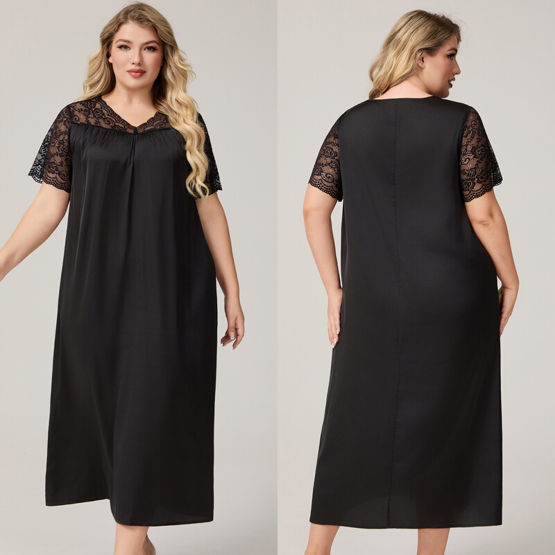 Yaoting Cross-Border New Satin Large Size Pajamas for Women Summer Short-Sleeved Long Nightgown Loose Casual Home Wear for Women Sq7012