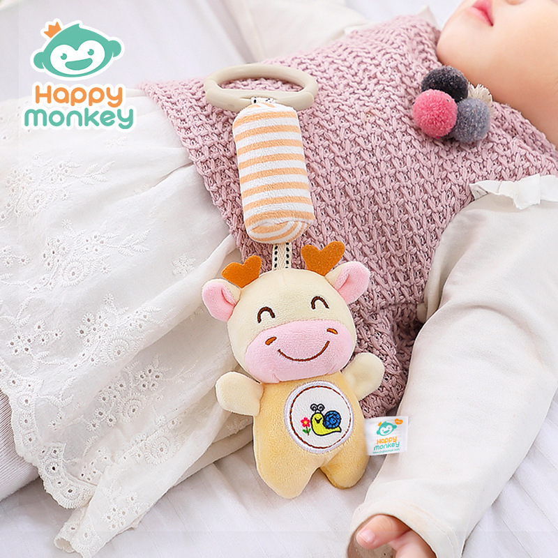 Juguete de peluche de mono feliz para educación temprana, campana de viento relajante para cuna, sonajero de mano para bebé.