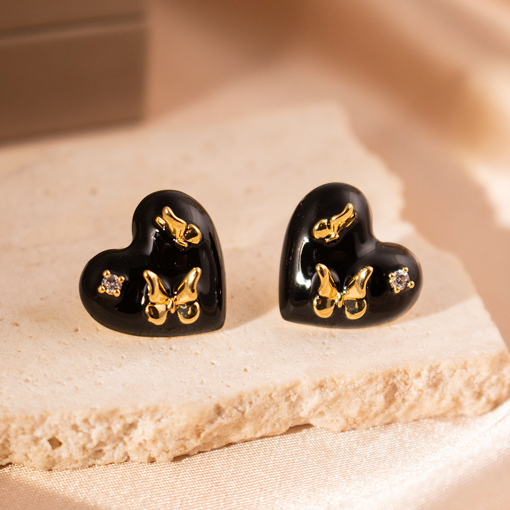 65#Oil dripping love butterfly earrings (real gold plating)