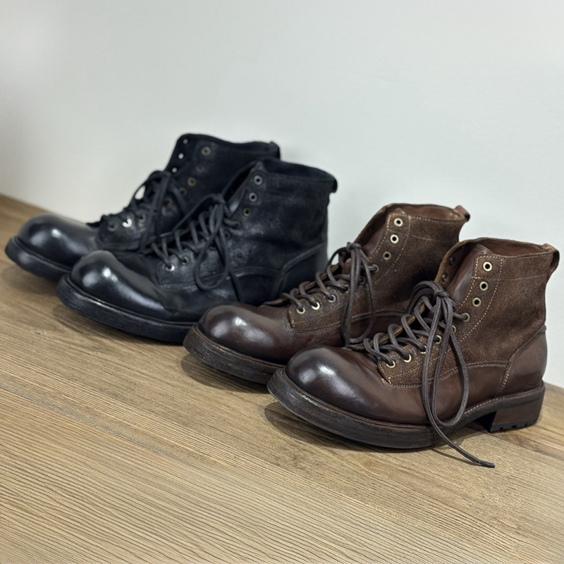 Focus on Quality! Genuine Washed Horsehide Men's Martin Boots with Distressed Color, Large Leather Boots for Outdoor Hiking and Motorcycle Riding