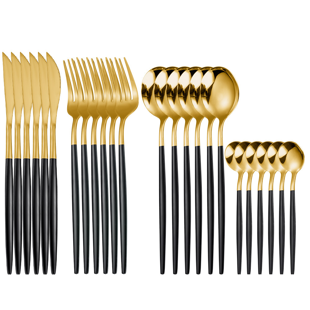 En stock de acero inoxidable chapado en oro vajilla occidental de cuatro piezas principales cuchillo, tenedor y cuchara suministro transfronterizo conjunto de 24 piezas traje de vajilla portuguesa