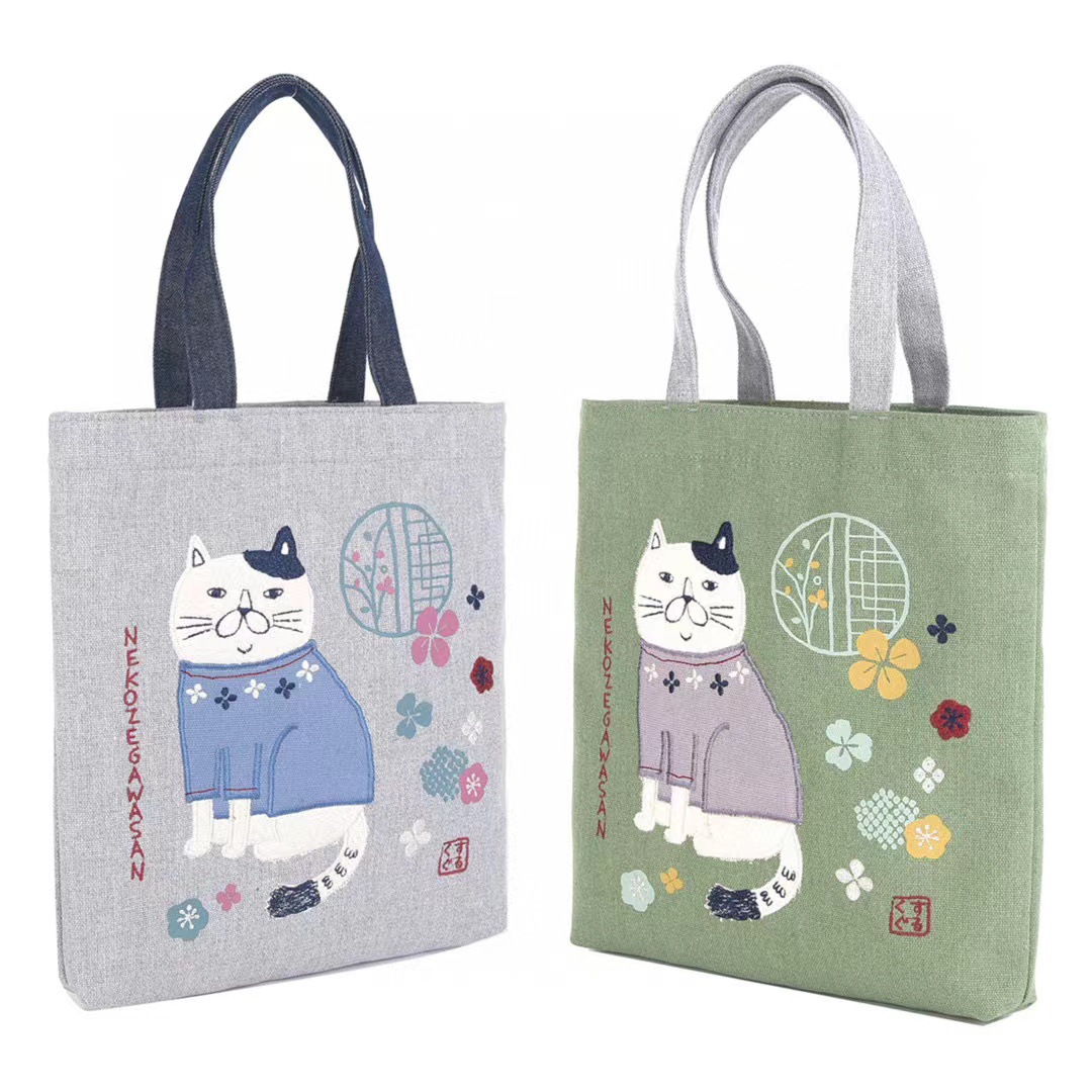 日本kusuguru刺绣胖猫手提包手拎包iPad包补习包帆布布艺卡通948