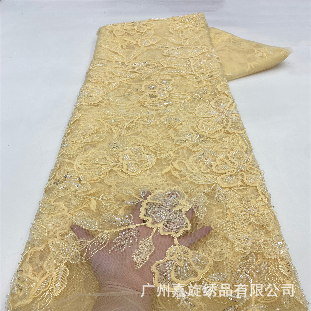 Lotus rosa bordado de encaje de burbuja porcelana pesada de Oriente Medio tela bordada de perlas blancas vestido de novia europea y americana tela bordada