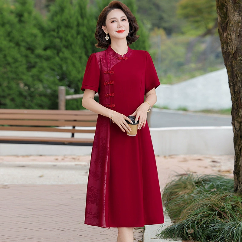 Мама летняя улучшенная юбка cheongsam 2025 новый средний и пожилой женский красный свадебное платье иностранное платье
