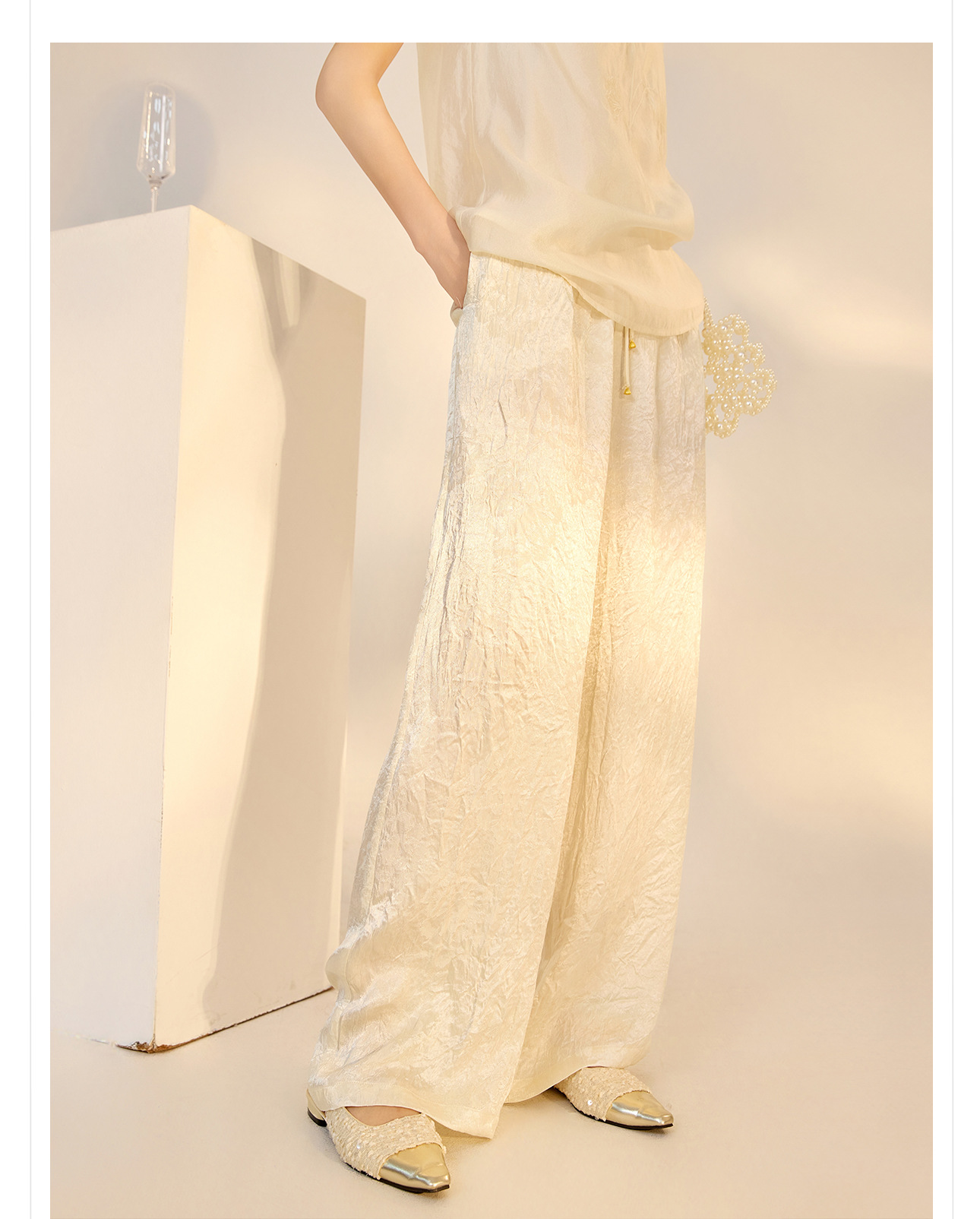 Quần culottes nữ ống rộng chất acetate phong cách Trung Quốc mới — Màu vàng, Màu hồng, Màu trắng chi tiết 2