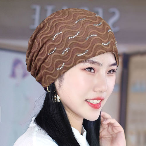 Lace and rhinestone women's spring and summer ultra-lightweight breathable headscarf, new stylish hair cover, white hair cover for postpartum care.