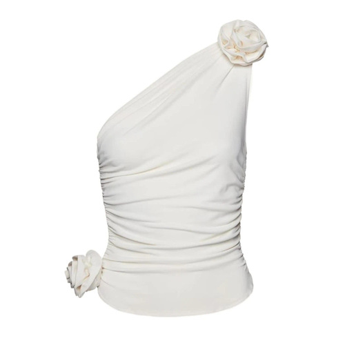 2024 new summer style three-dimensional flower decorative temperament sexy versatile slimming slanted shoulder design tops and vests for women