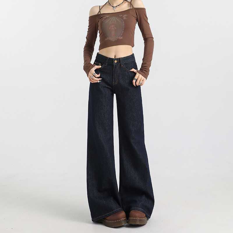 Wholesale Non-Color Autumn and Winter Mid-Waist Jeans for Women Dark Blue Retro Loose Slimming Horse Hoof Pants